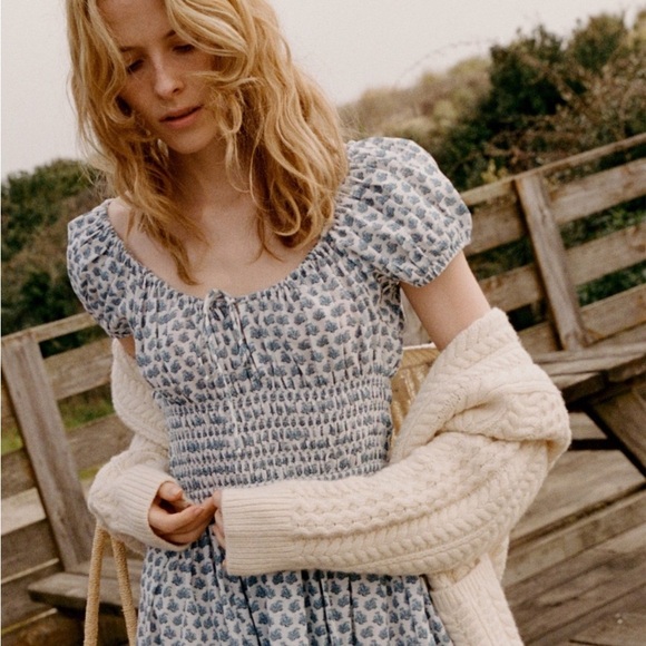 Doen Quinn Cotton Smocked Short Sleeve Midi Maxi Dress Dahlia Ditsy Blue White - Picture 6 of 16